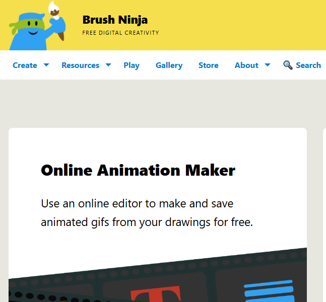Brush Ninja interface with tools for creating animations and colorful drawings.