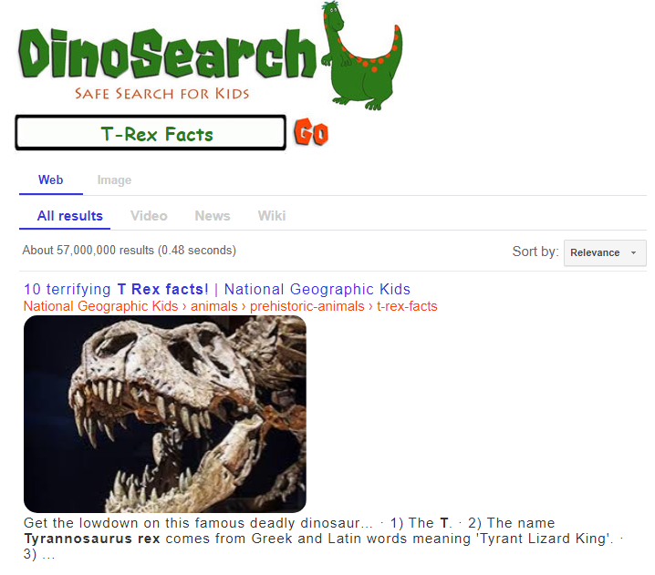 DinoSearch educational safe search engine for kids.