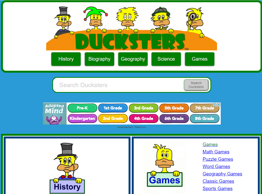 Ducksters for kids learning and games