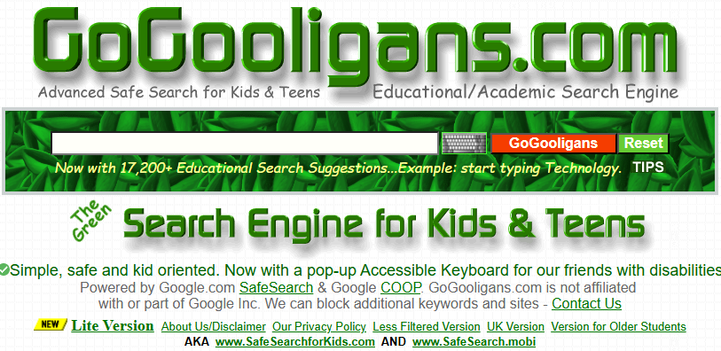 Gogooligans search engine with safe, kid-friendly browsing options and educational search results