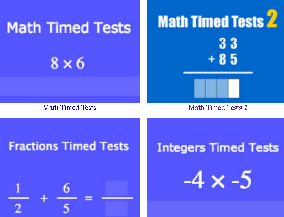 A snapshot of Hooda Math Timed Tests interface showing options for basic math quizzes.