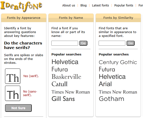 Identifont website preview showing font identification tools and search options.