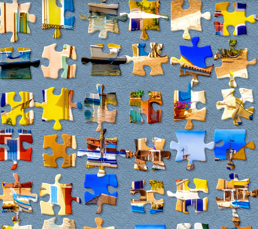 A close-up of a partially completed mystery jigsaw puzzle from Jigsaw Explorer, showing intricate details and vibrant colors.