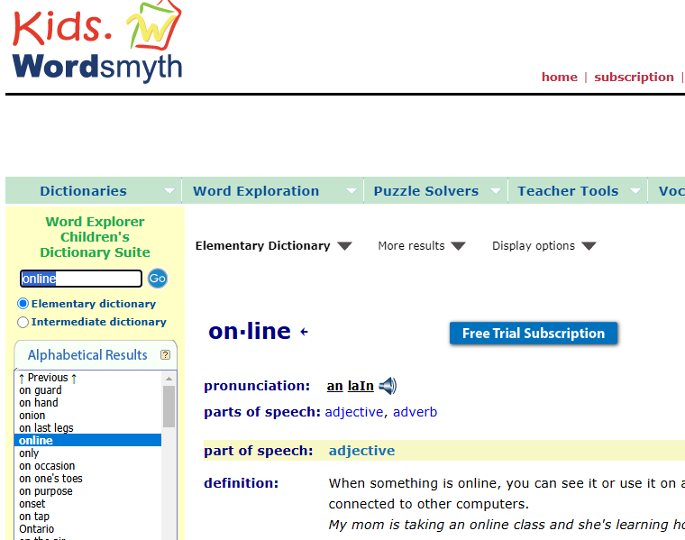 A child-friendly online dictionary with interactive features like word games, audio pronunciation, and simple definitions to support learning.