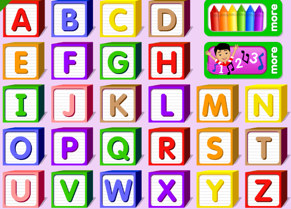 A colorful educational website teaching children the alphabet through animations, games, and sounds.