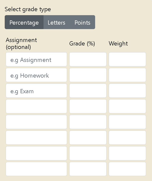 An illustration of a grade calculator interface showing different grades and percentages.