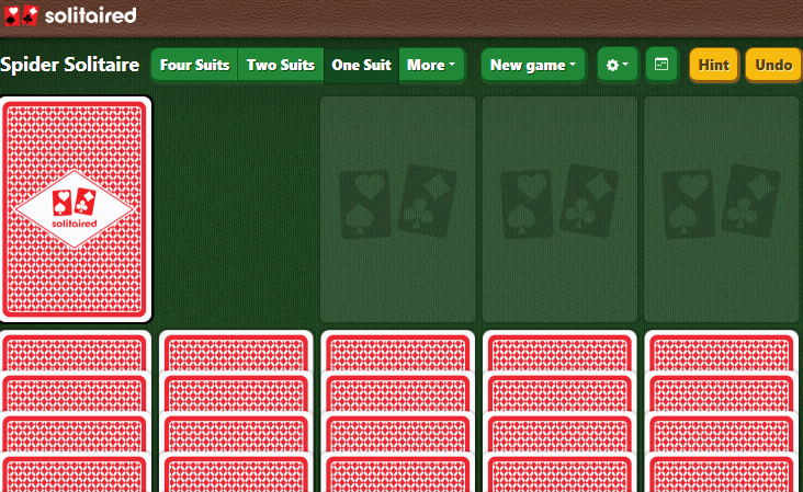 A digital version of Spider Solitaire displayed on Solitaired, showing card sequences and game features.