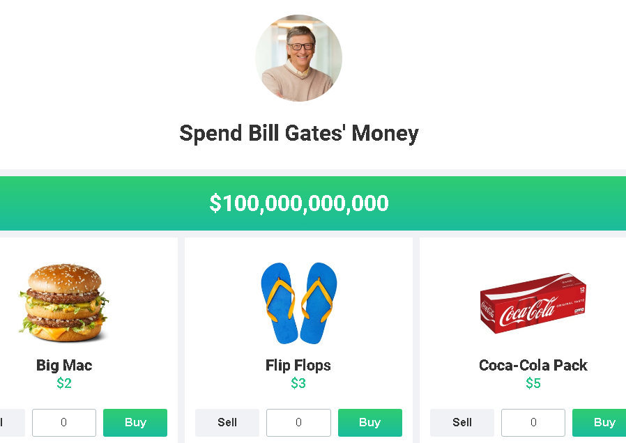 A digital simulation of spending a billion dollars by selecting various items and tracking the remaining amount.