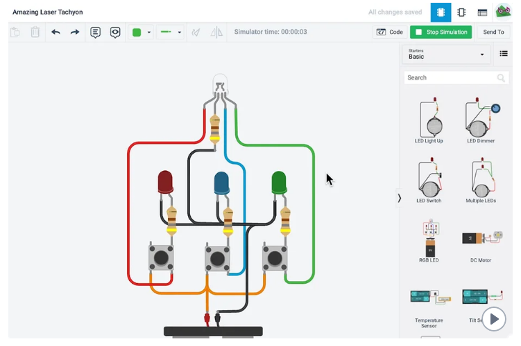 A digital workspace for creating and simulating electronic circuits with virtual components like LEDs and resistors.