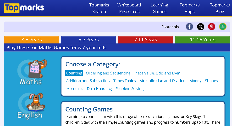 Topmarks math games and more for Kids and Educators.