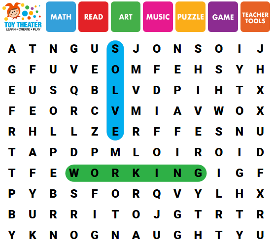 Word Search grid from Toy Theater, designed to challenge kids to find hidden words and build vocabulary skills.