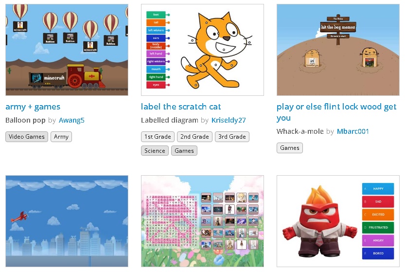Examples of interactive educational games available on Wordwall Games.