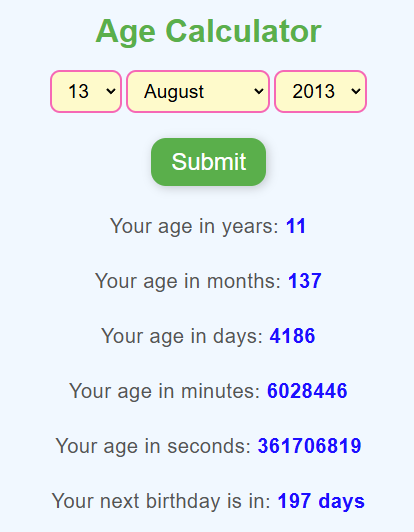 Age Calculator from Kids Search for the classroom and home use.