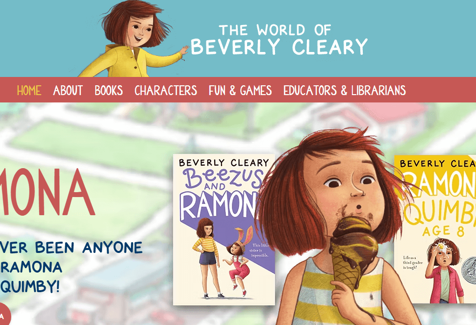 Homepage of Beverly Cleary's official website showcasing her books and characters.