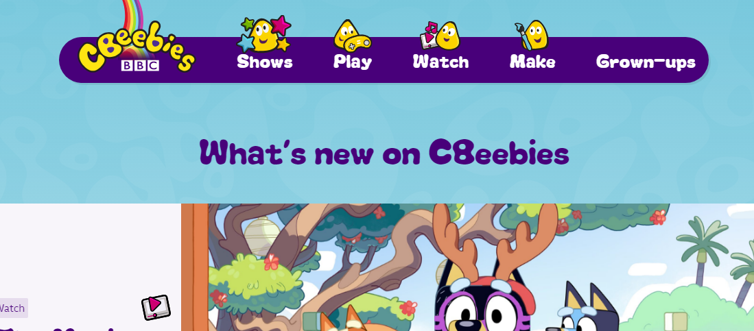 CBeebies website showing a variety of TV shows, games, and activities for children.