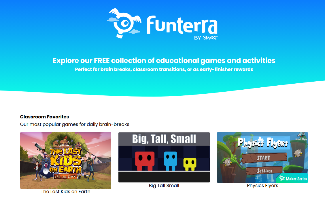 selection of educational games and videos available on Funterra's platform.