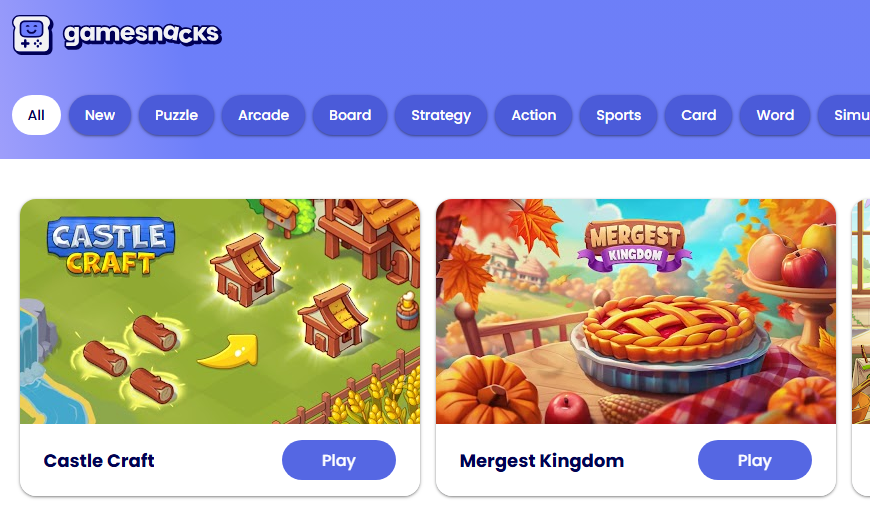 collection of quick-loading games on GameSnacks displayed on a smartphone screen.