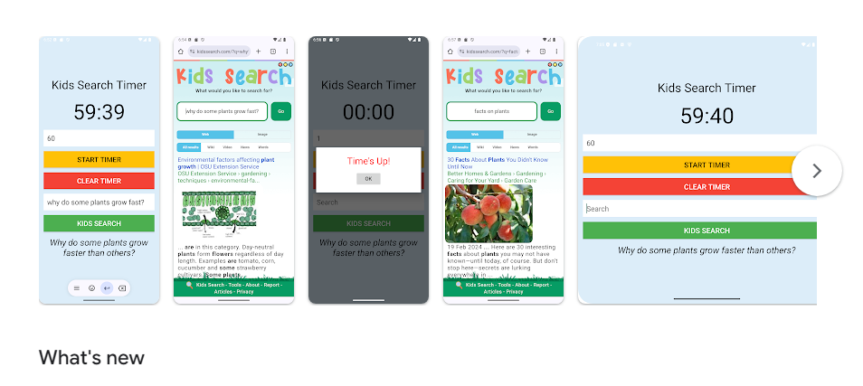 An app interface showing a child-friendly search engine with a built-in timer for safe internet exploration.