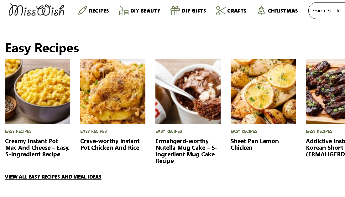 Miss Wish website showcasing easy recipes, natural beauty tips, DIY gifts, and fun crafts.
