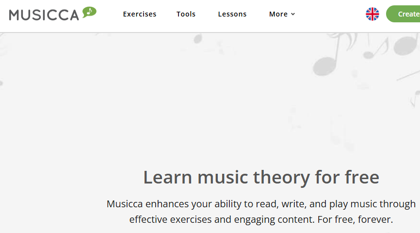 Image showing the Musicca website with interactive music theory lessons and practice tools.