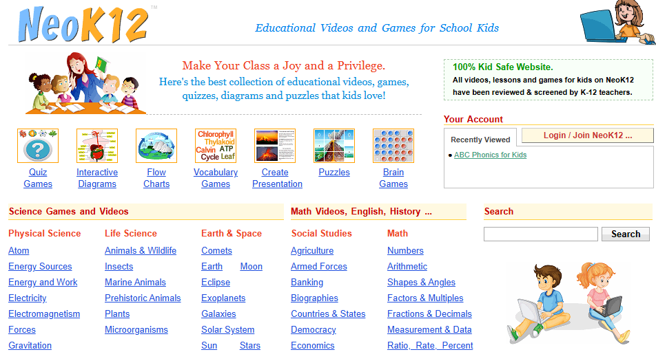 Neok12's educational videos, interactive activities, and quizzes designed for student learning.