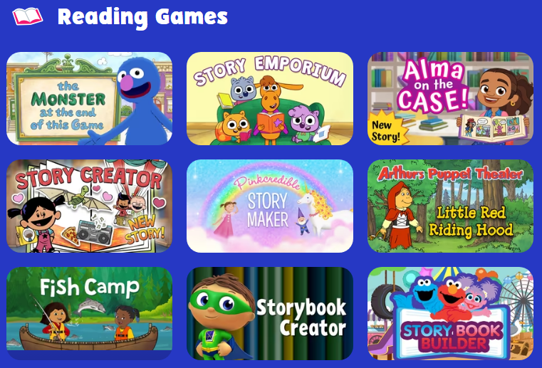 A vibrant collection of educational reading games featuring PBS Kids characters that encourage children to improve their reading abilities.