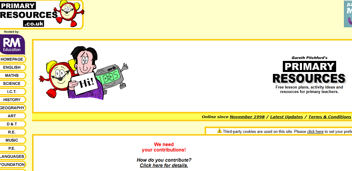 Primary Resources website homepage showcasing various teaching materials and subject categories