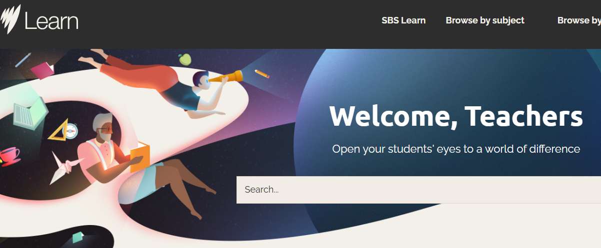 A description of SBS Learn's educational platform, highlighting cultural diversity and global topics.