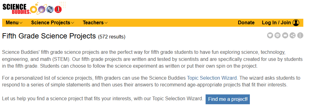 A website featuring a collection of engaging science projects and experiments for fifth-grade students.