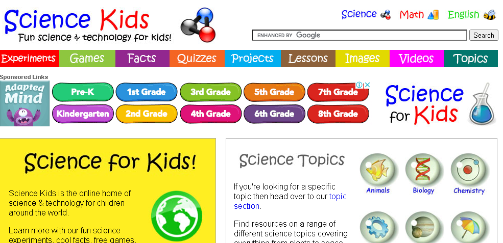 Science Kids website featuring science experiments, facts, and educational games for kids.