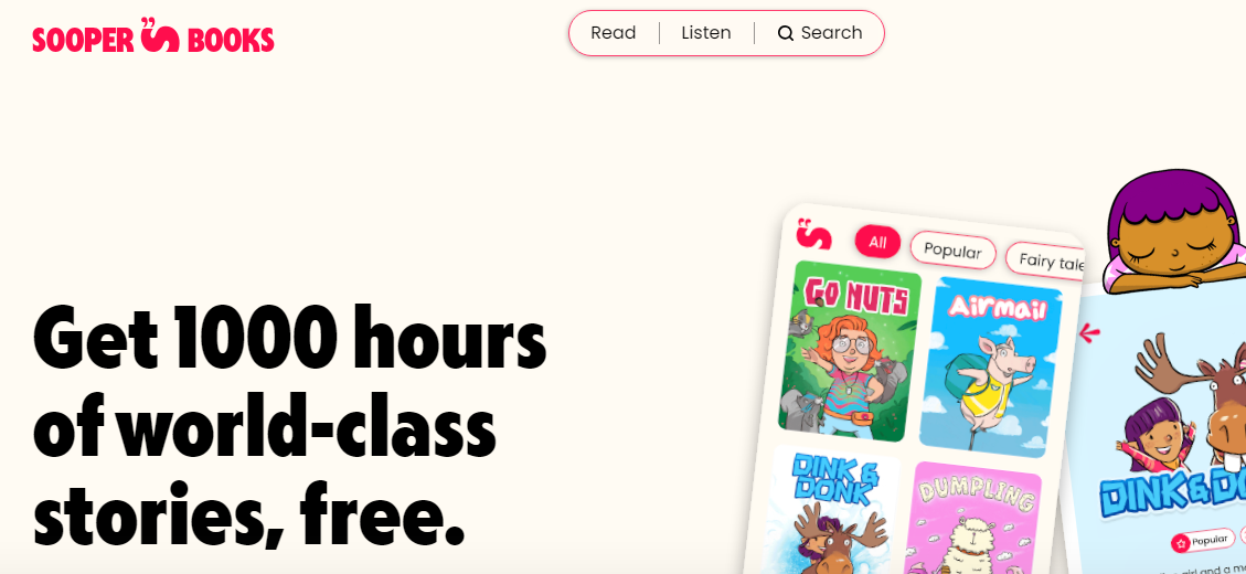 Image showing a variety of children's stories available on SooperBooks with tools to improve reading skills.