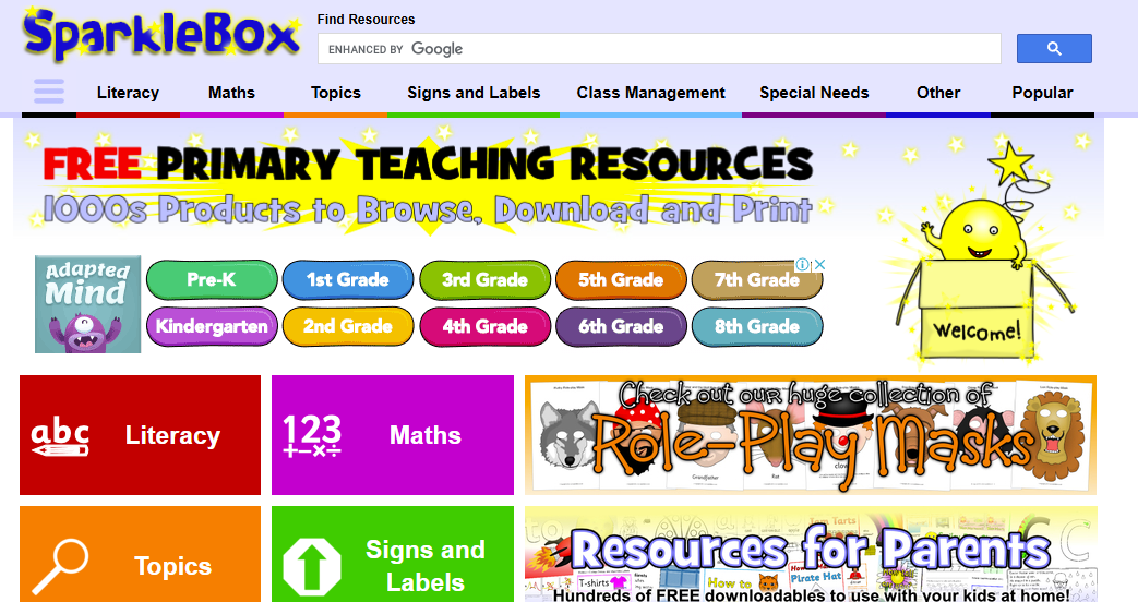 A description of SparkleBox website offering a range of educational resources and printables for teachers and students.
