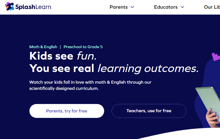 Interactive educational platform SplashLearn for math and reading lessons.