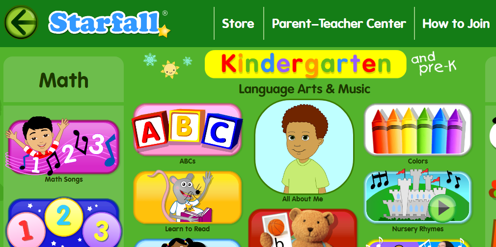 Interactive learning activities and games for kindergarten on Starfall's platform.