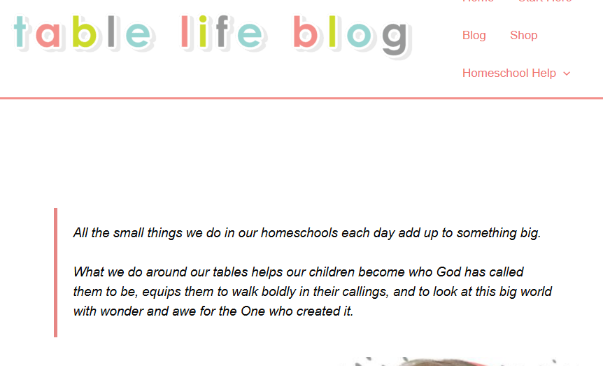 Homepage of Table Life Blog showcasing homeschooling resources and articles.