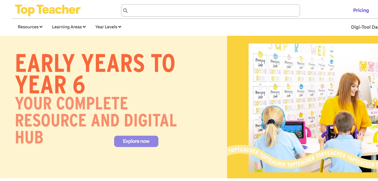 Top Teacher website showcasing educational resources and interactive tools for primary school teachers.