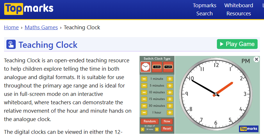 Interactive teaching clock displaying both analog and digital time formats.
