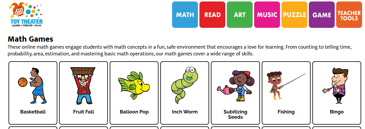 Colorful and interactive math games for kids on Toy Theater.