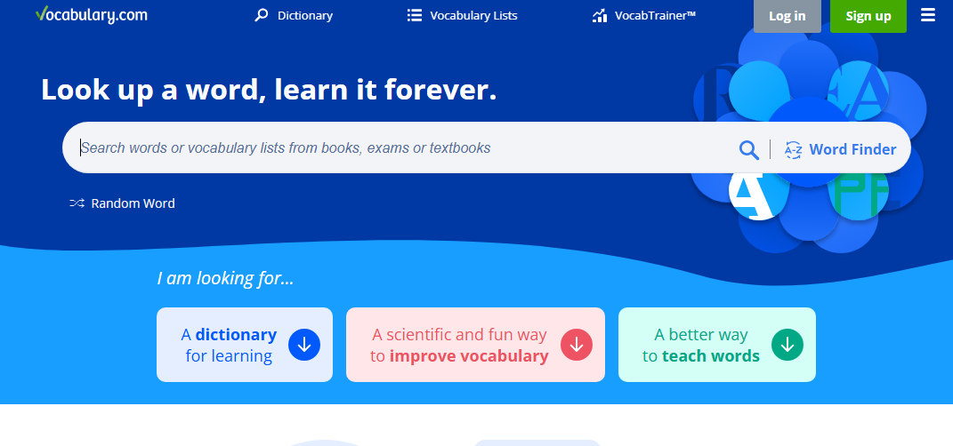 A language-learning website offering quizzes, word definitions, and tools to expand vocabulary skills.